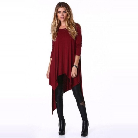 High Low Handkerchief Hem Midi Tunic Dress Burgundy - Picture 4 of 4